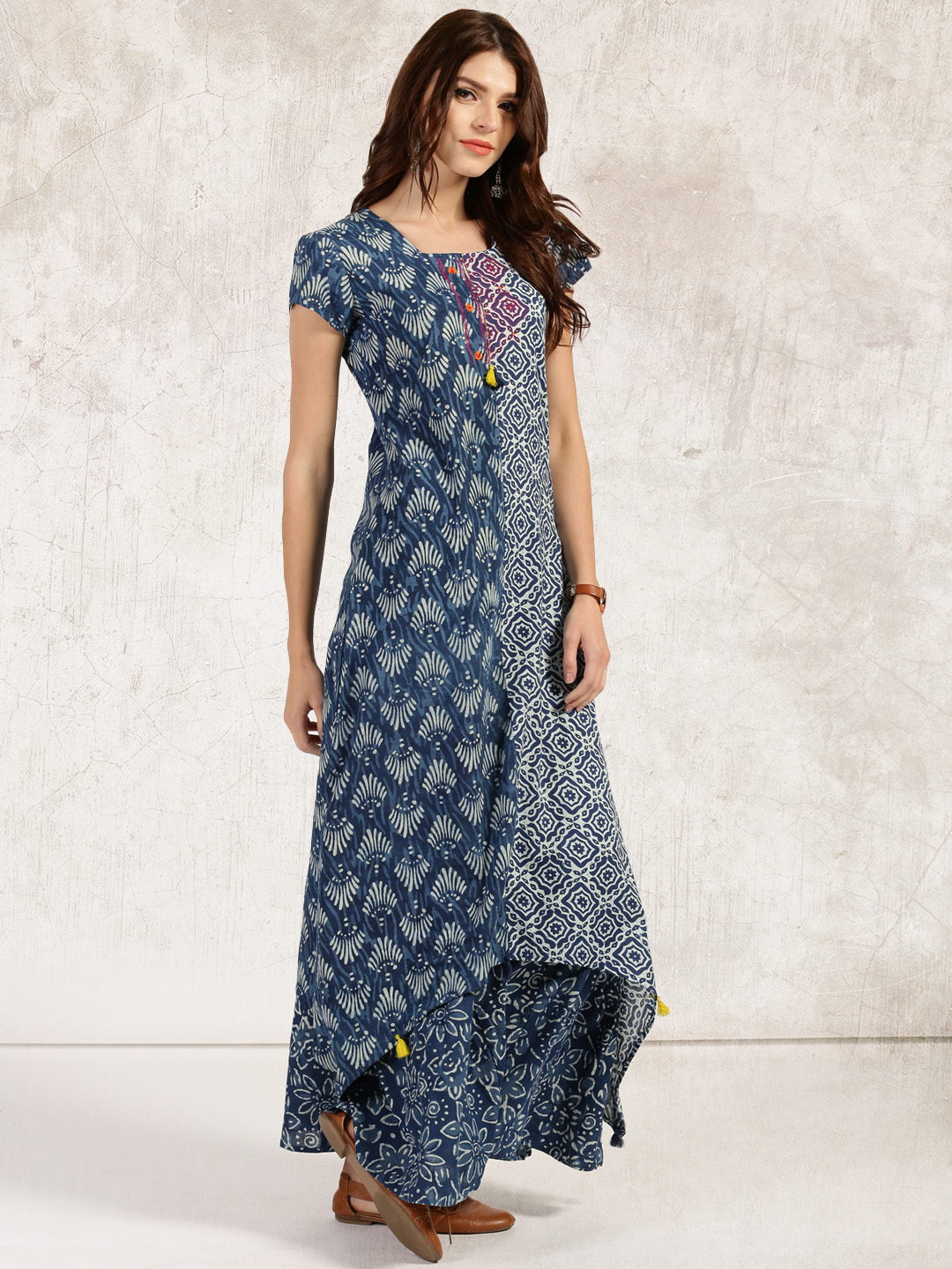 Anouk Women Navy Blue & Off-White Printed A-Line Kurta Price in India