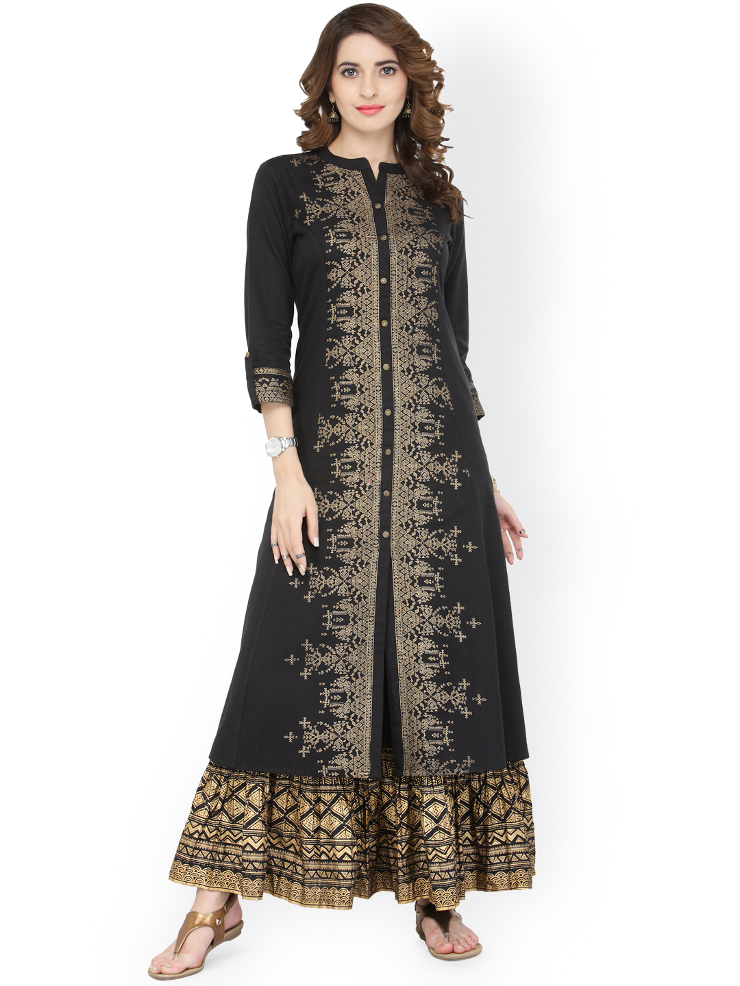 Varanga Women Black & Gold-Toned Printed Kurta with Palazzos Price in India