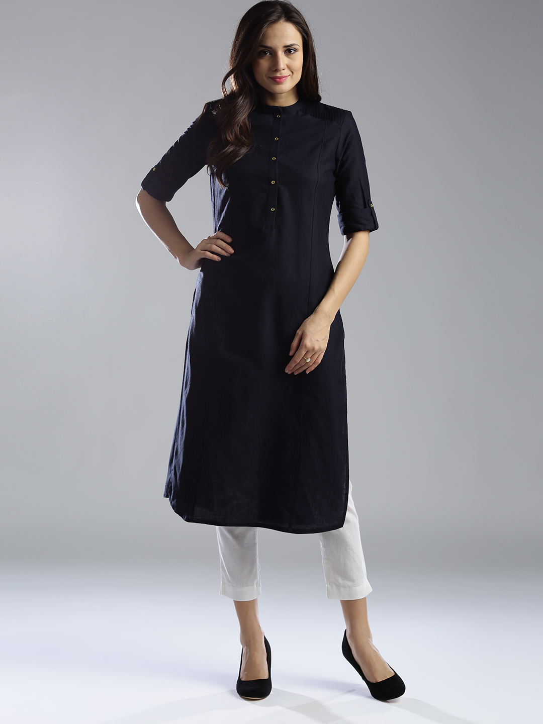 W Women Navy Blue Solid Straight Kurta Price in India