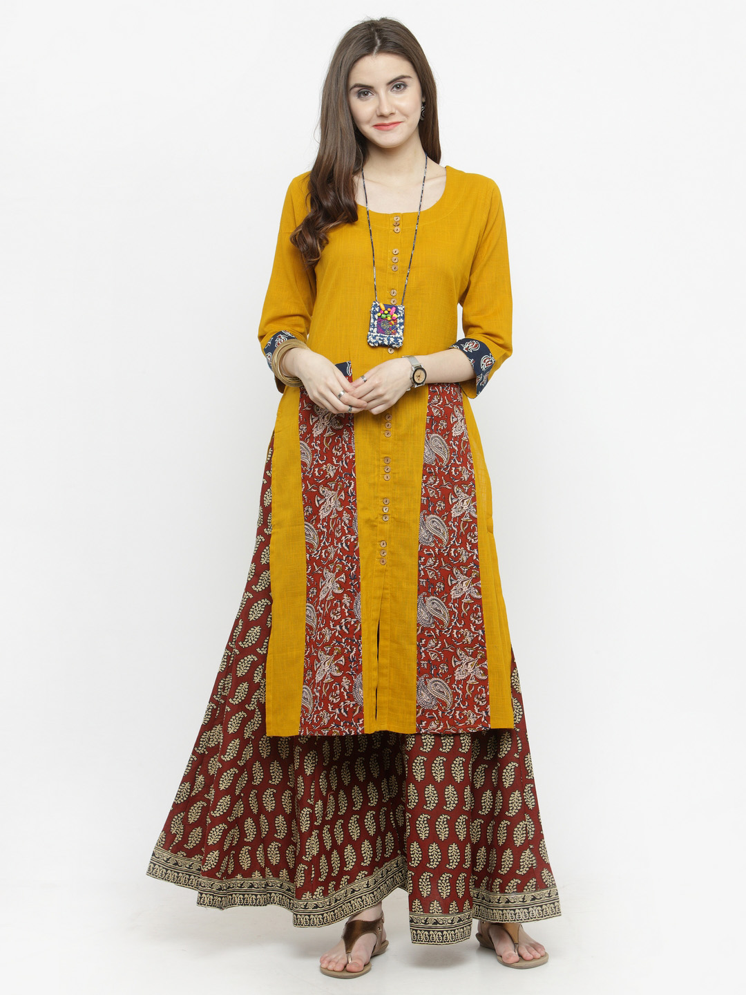 Varanga Women Mustard & Brown Printed Kurta with Palazzos Price in India