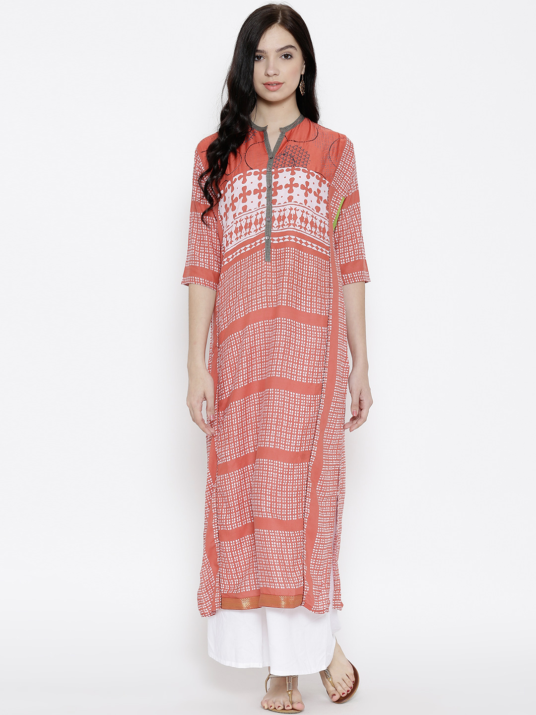 Biba Women Rust Orange Printed Straight Kurta Price in India