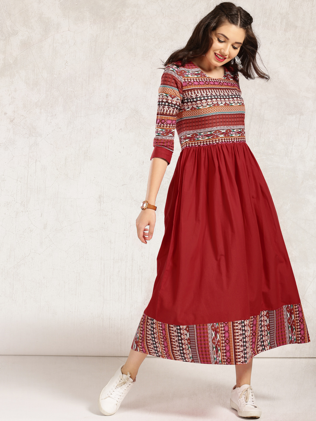 Anouk Women Red Printed A-Line Fusion Kurta Price in India