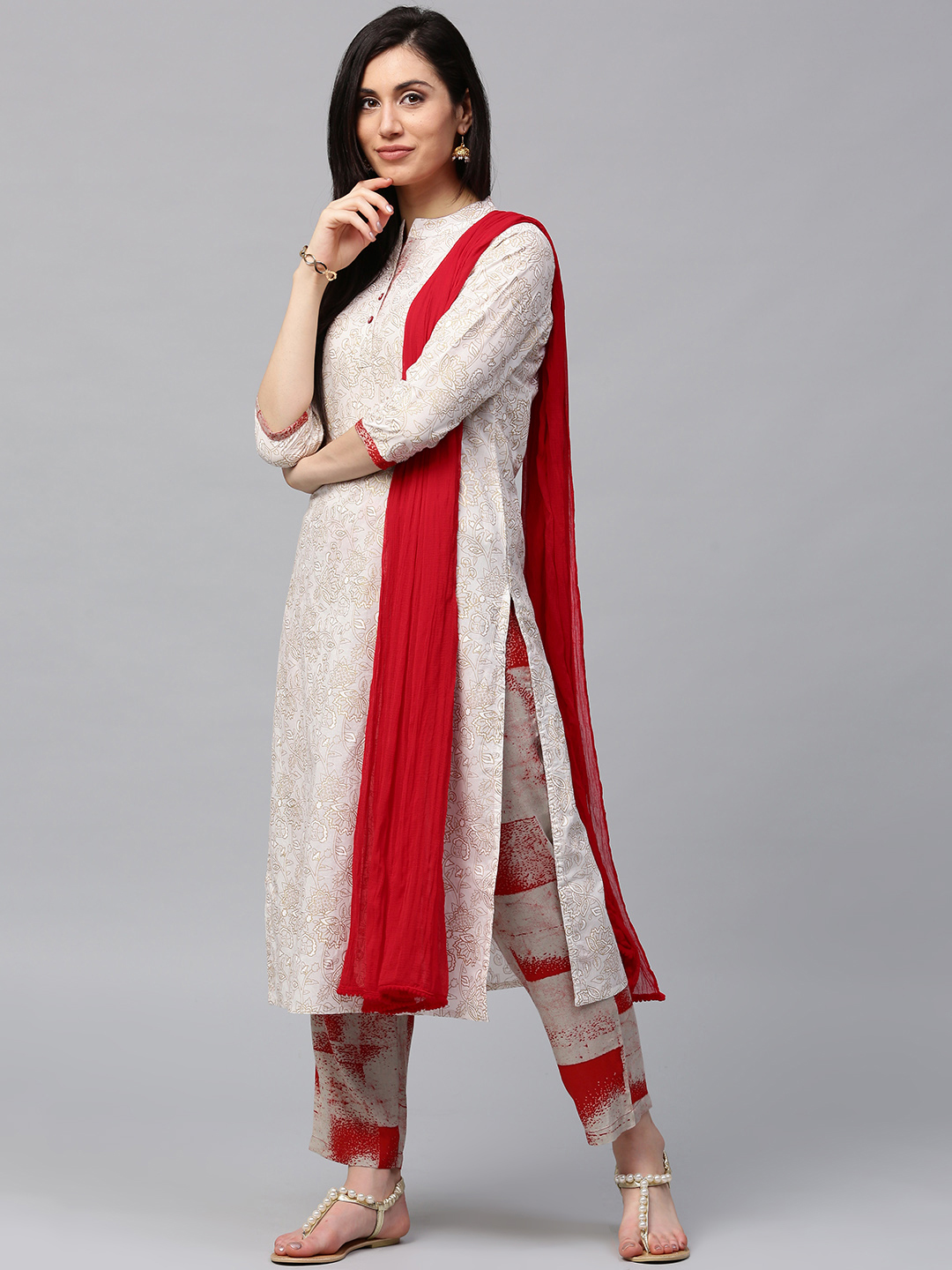 Jaipur Kurti Women Off-White & Grey Printed Kurta with Palazzos & Dupatta Price in India