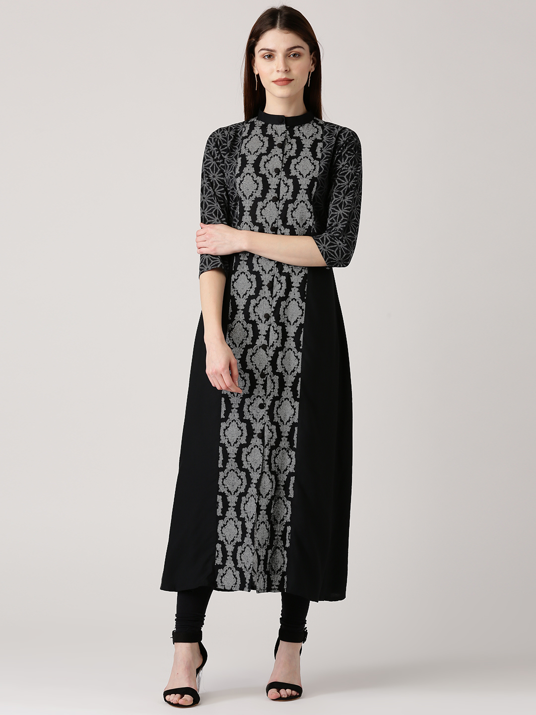 Libas Women Black & Grey Printed A-Line Kurta Price in India