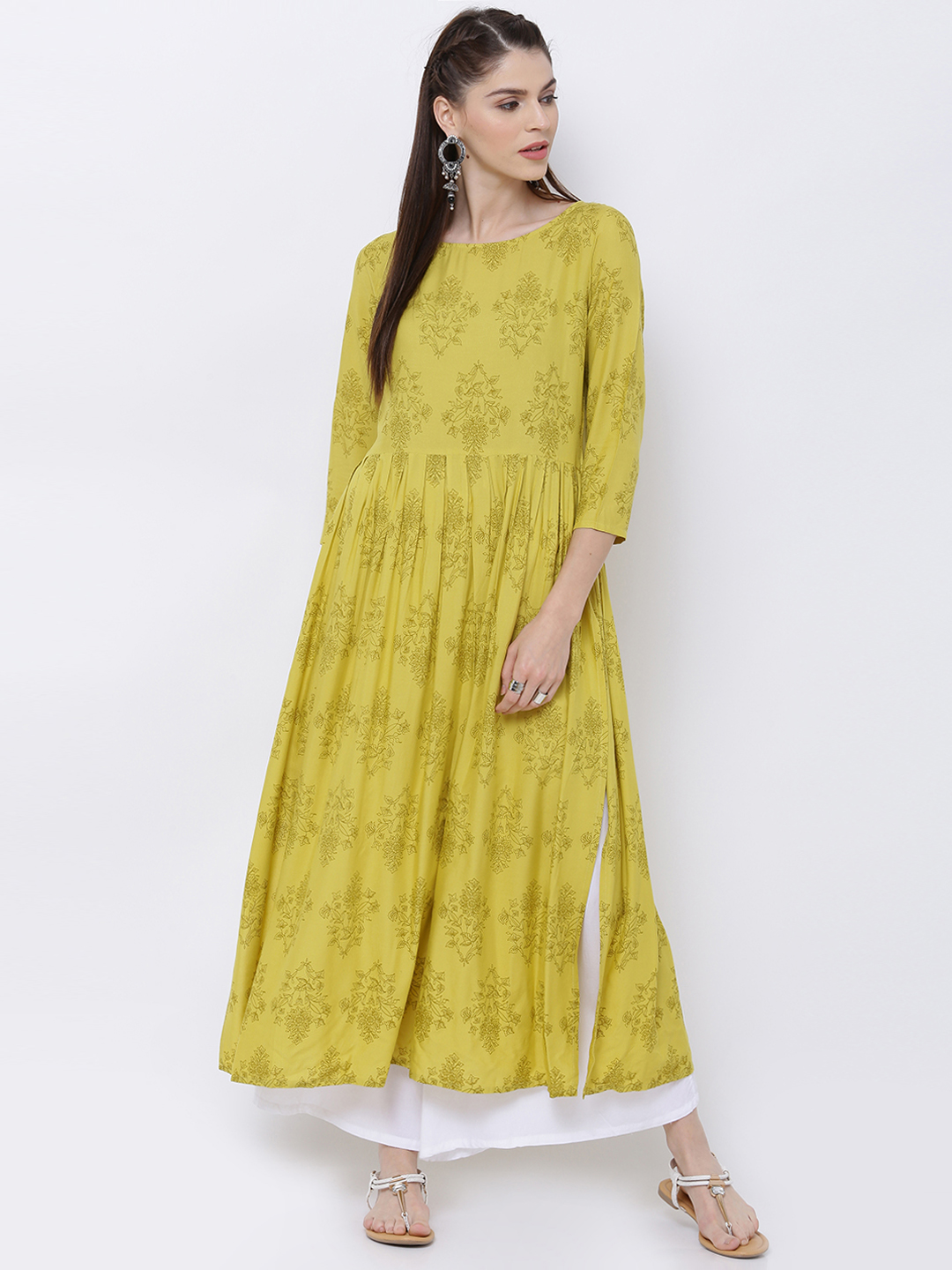 Vishudh Women Lime Green Printed A-Line Kurta Price in India