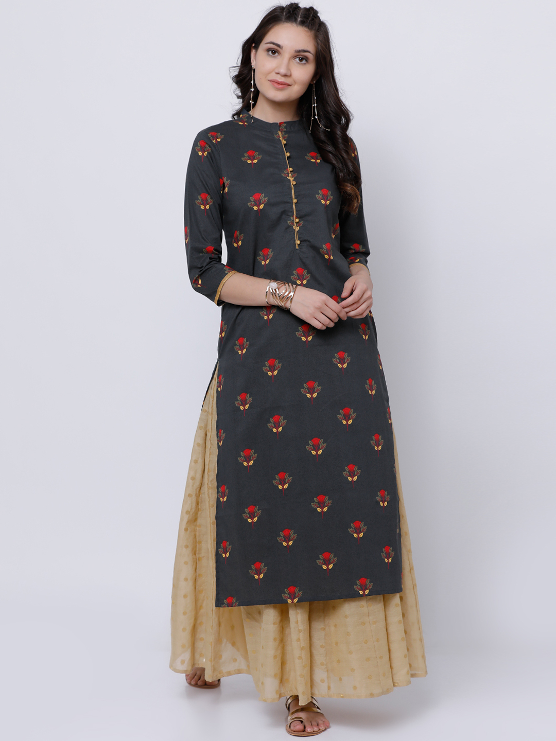 Vishudh Women Black Printed Straight Kurta Price in India