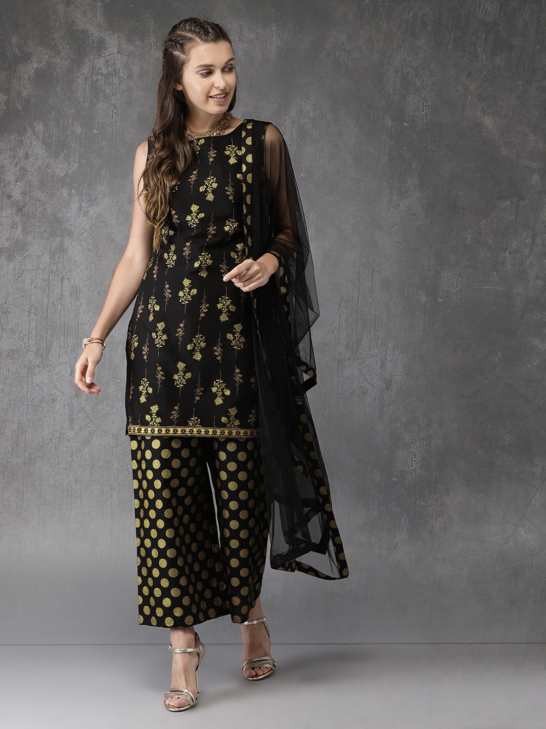 Anouk Women Black & Printed Kurta with Palazzos & Dupatta Price in India