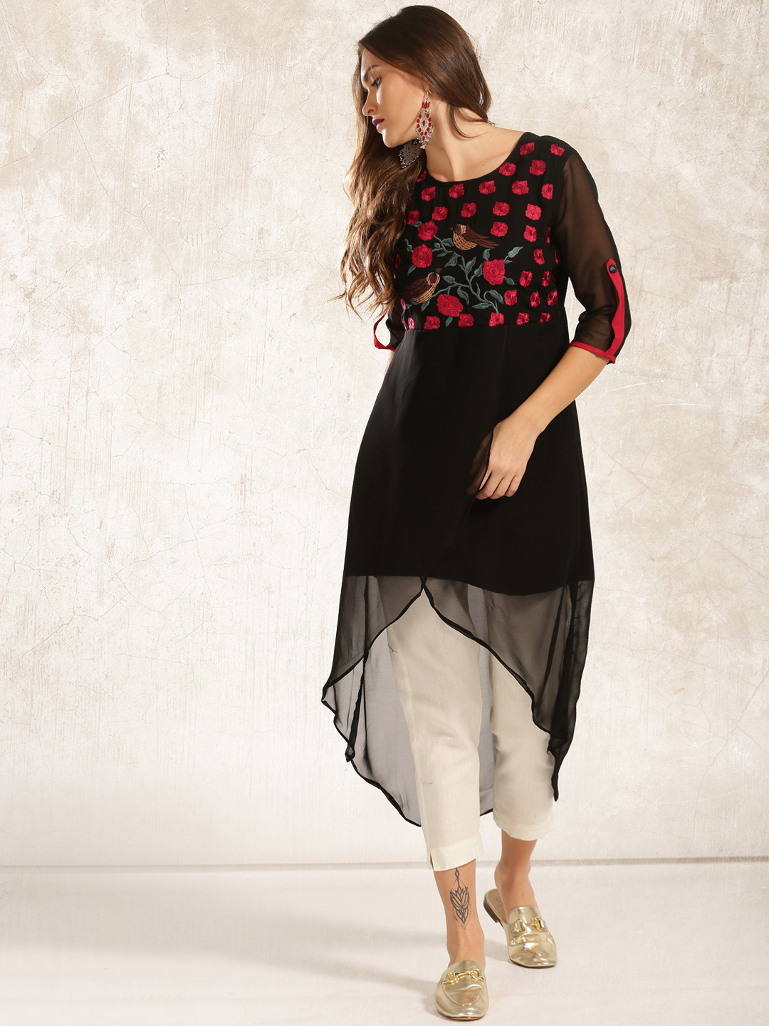 Anouk Women Black Embroidered A-Line Kurta Price in India