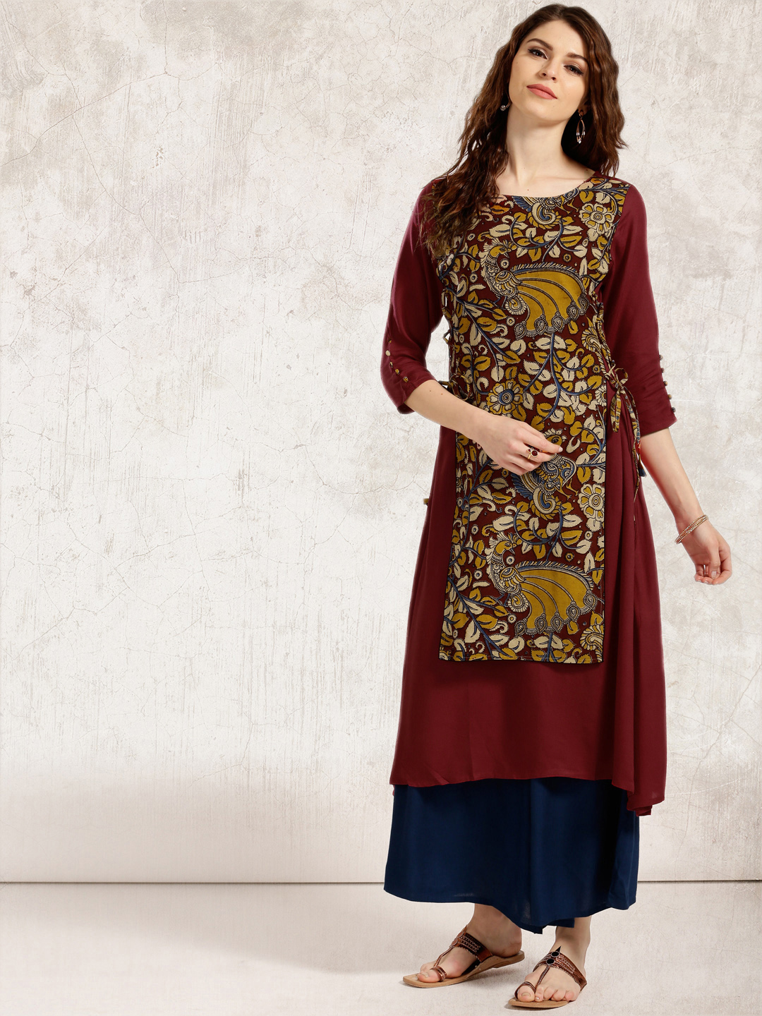 Anouk Women Maroon Kalamkari Print A-Line Kurta Price in India