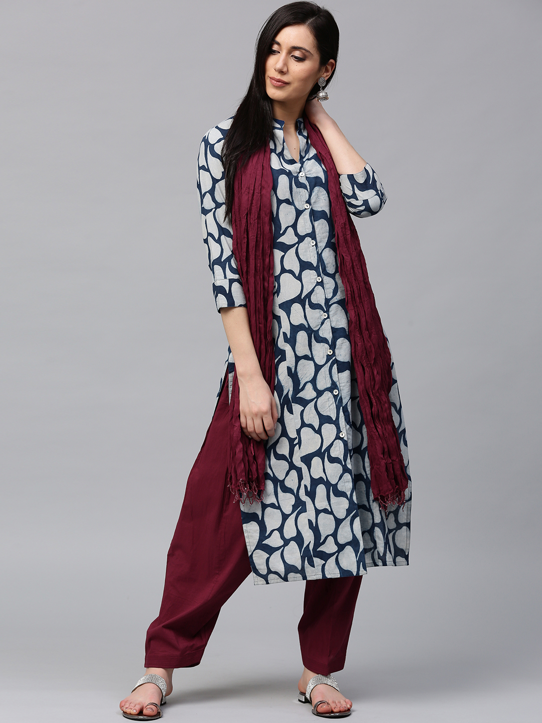 Jaipur Kurti Women Blue & Burgundy Printed Kurta with Salwar & Dupatta Price in India