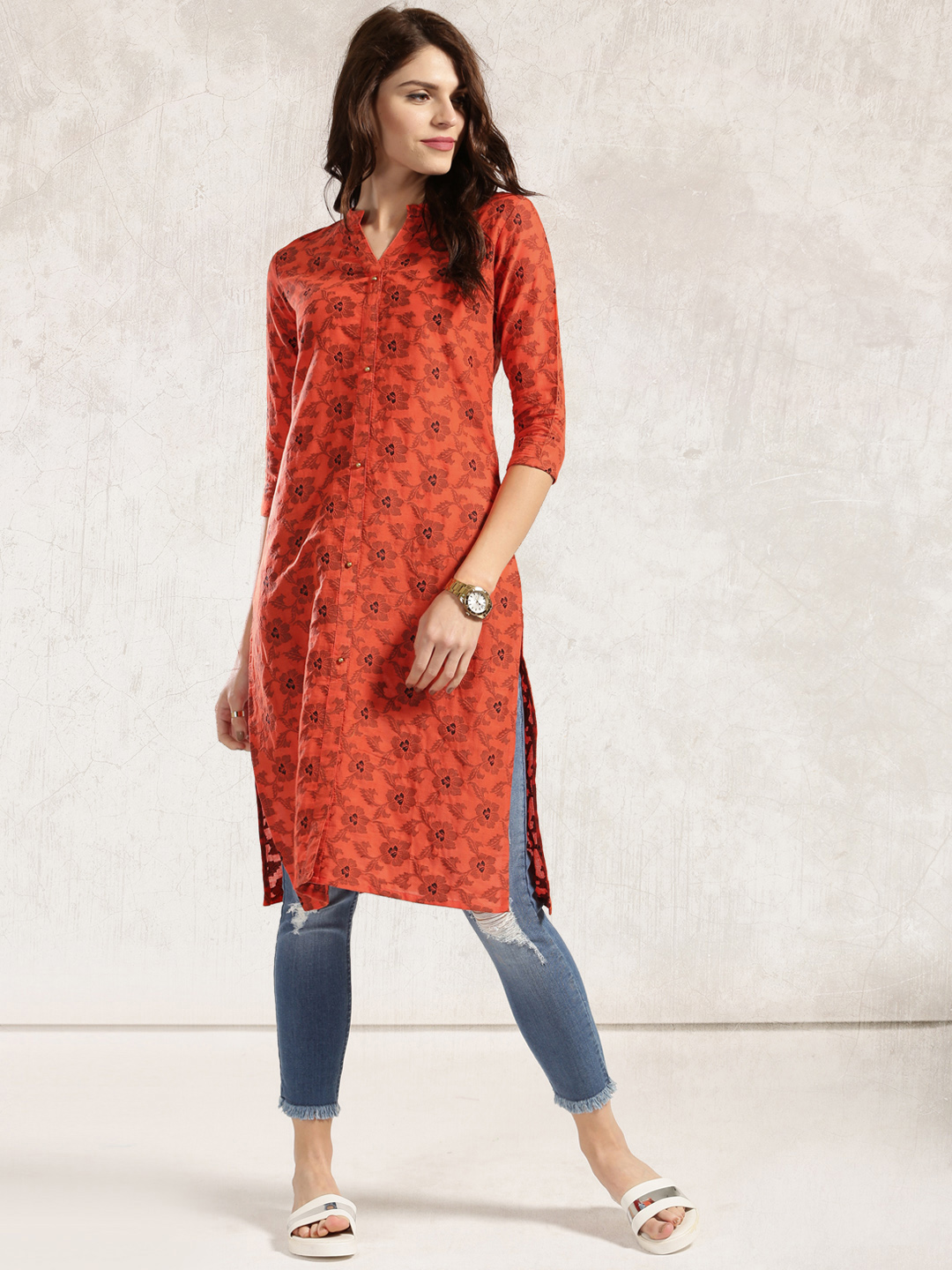 Anouk Women Orange Printed A-Line Kurta Price in India