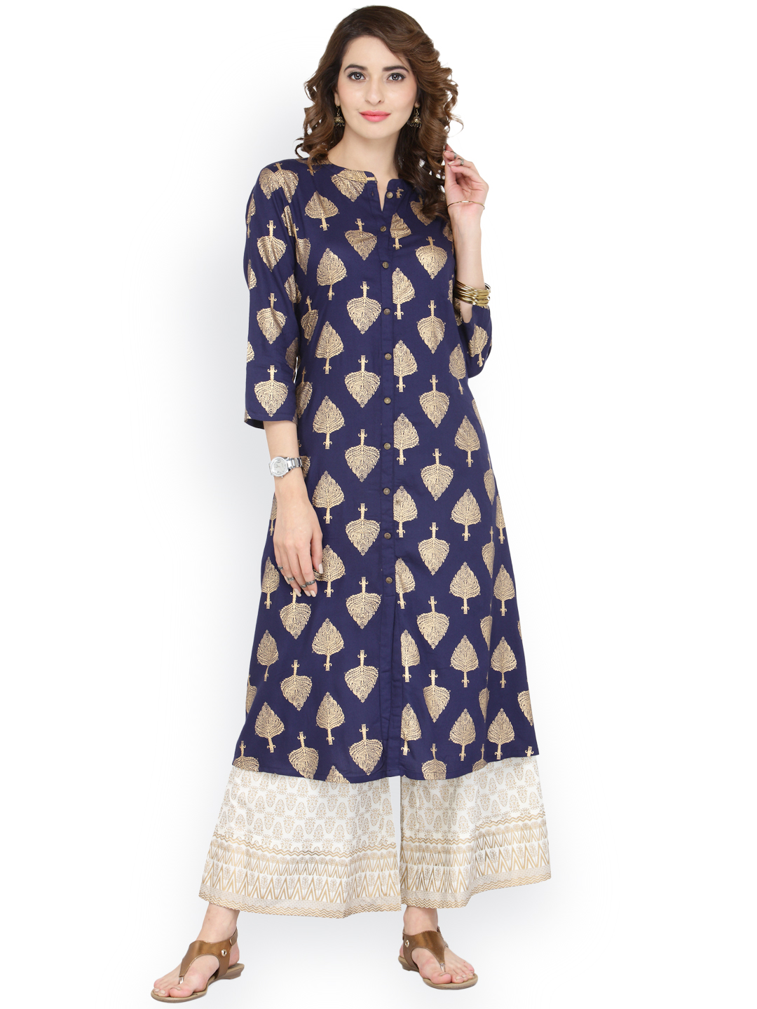 Varanga Women Blue & White Printed Kurta with Palazzos Price in India