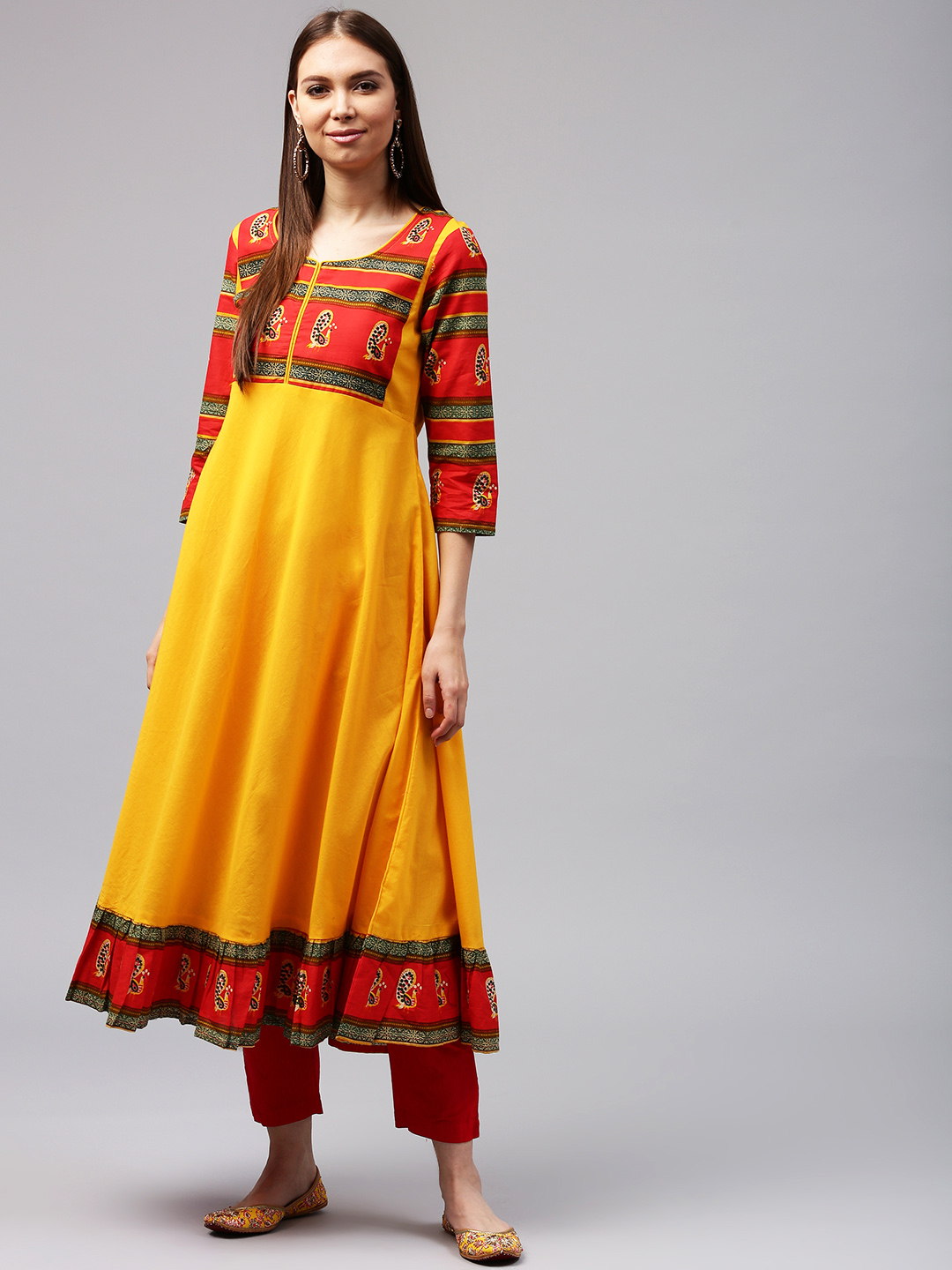 AKS Women Yellow & Red Printed Anarkali Kurta Price in India