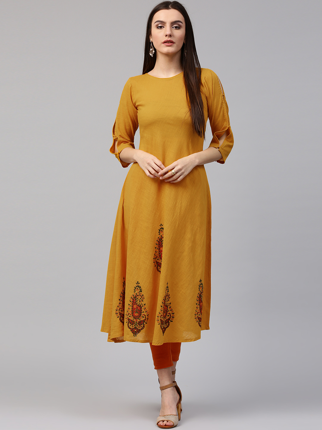 Nayo Women Mustard Yellow Printed A-Line Kurta Price in India