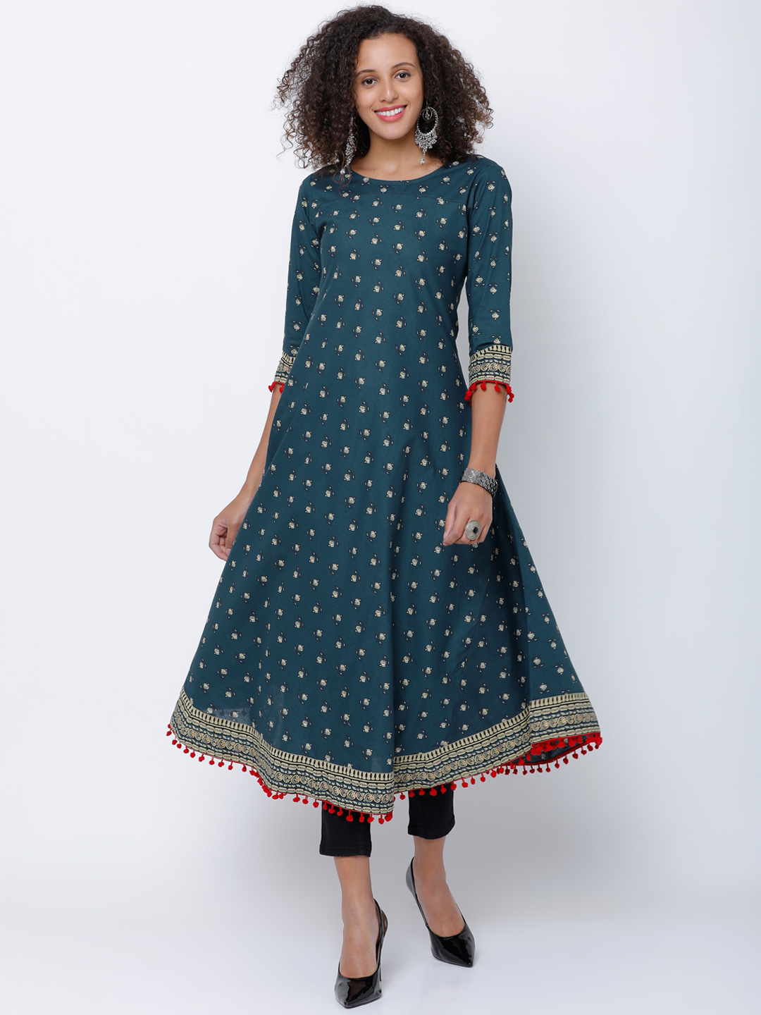 Vishudh Women Teal & Red Printed Anarkali Kurta Price in India