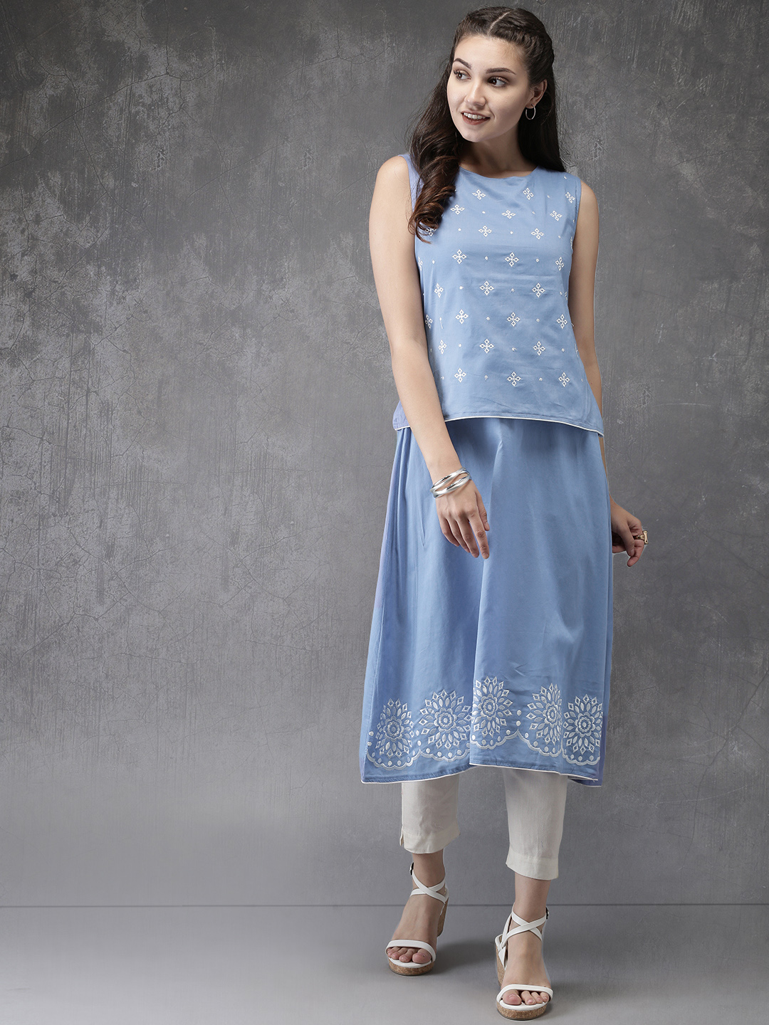 Anouk Women Blue Embroidered A-Line Layered Kurta Price in India