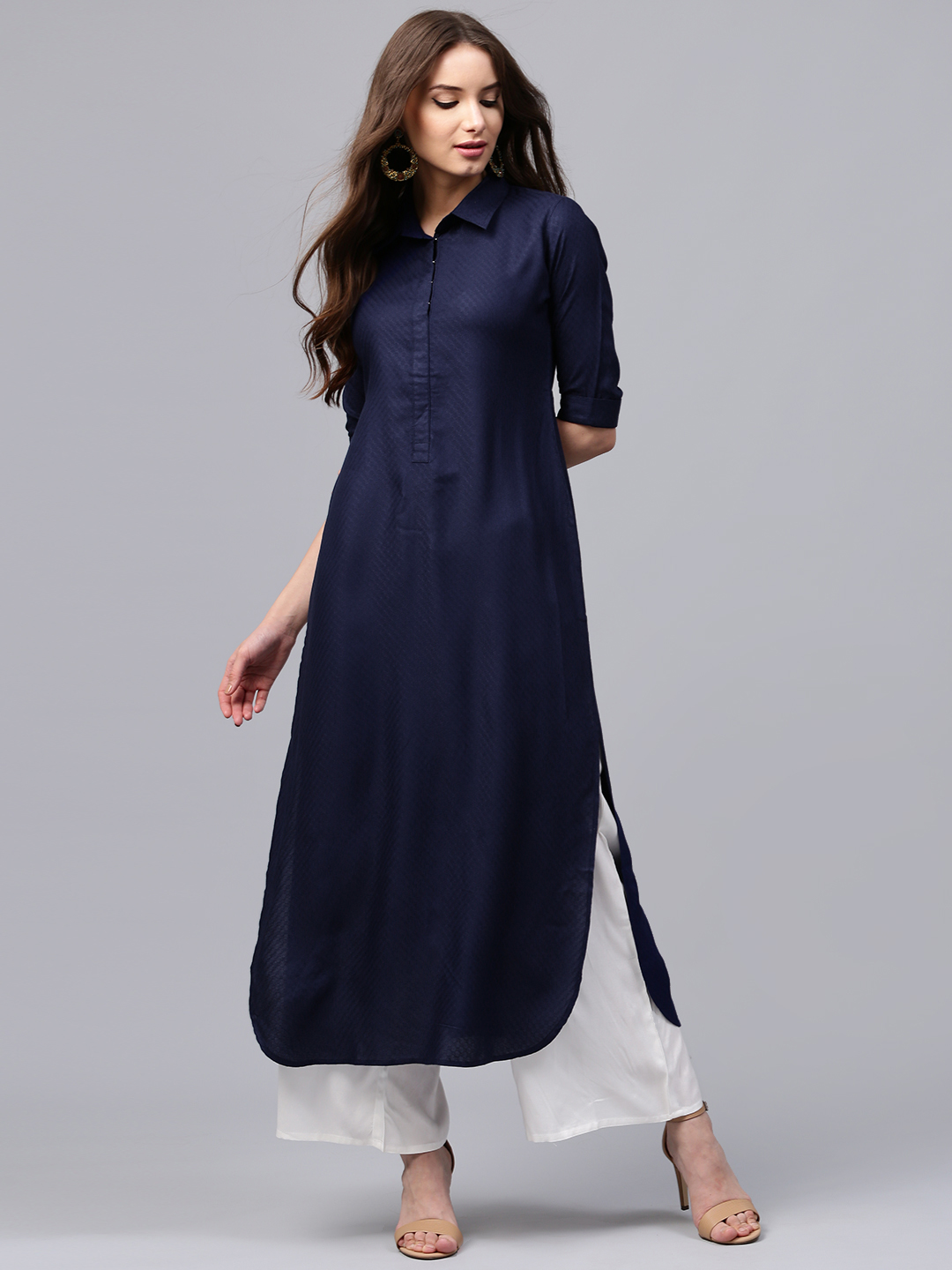 Libas Women Navy Blue Self-Design Pathani Kurta Price in India