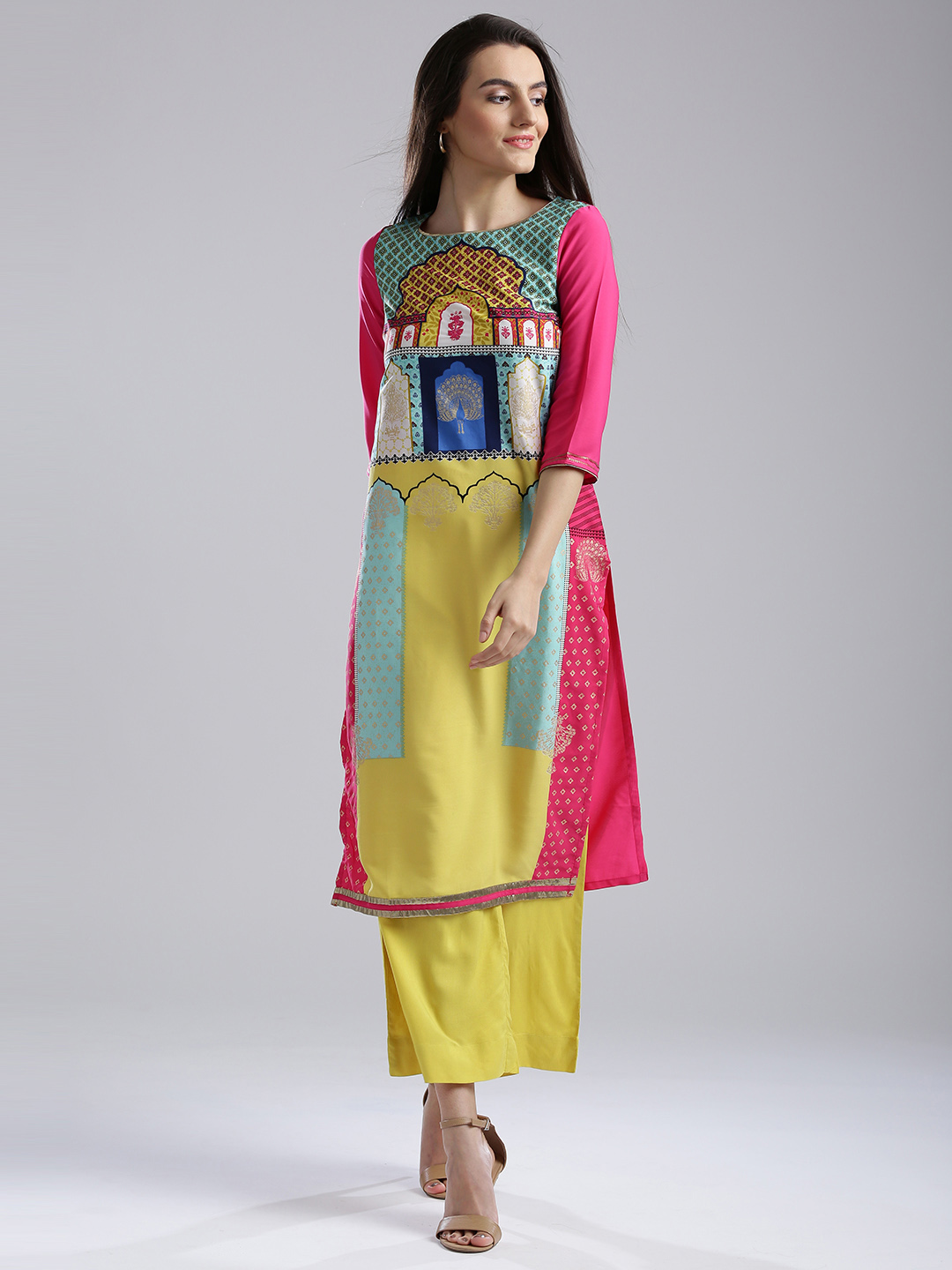 W Women Pink & Yellow Printed Straight Kurta Price in India