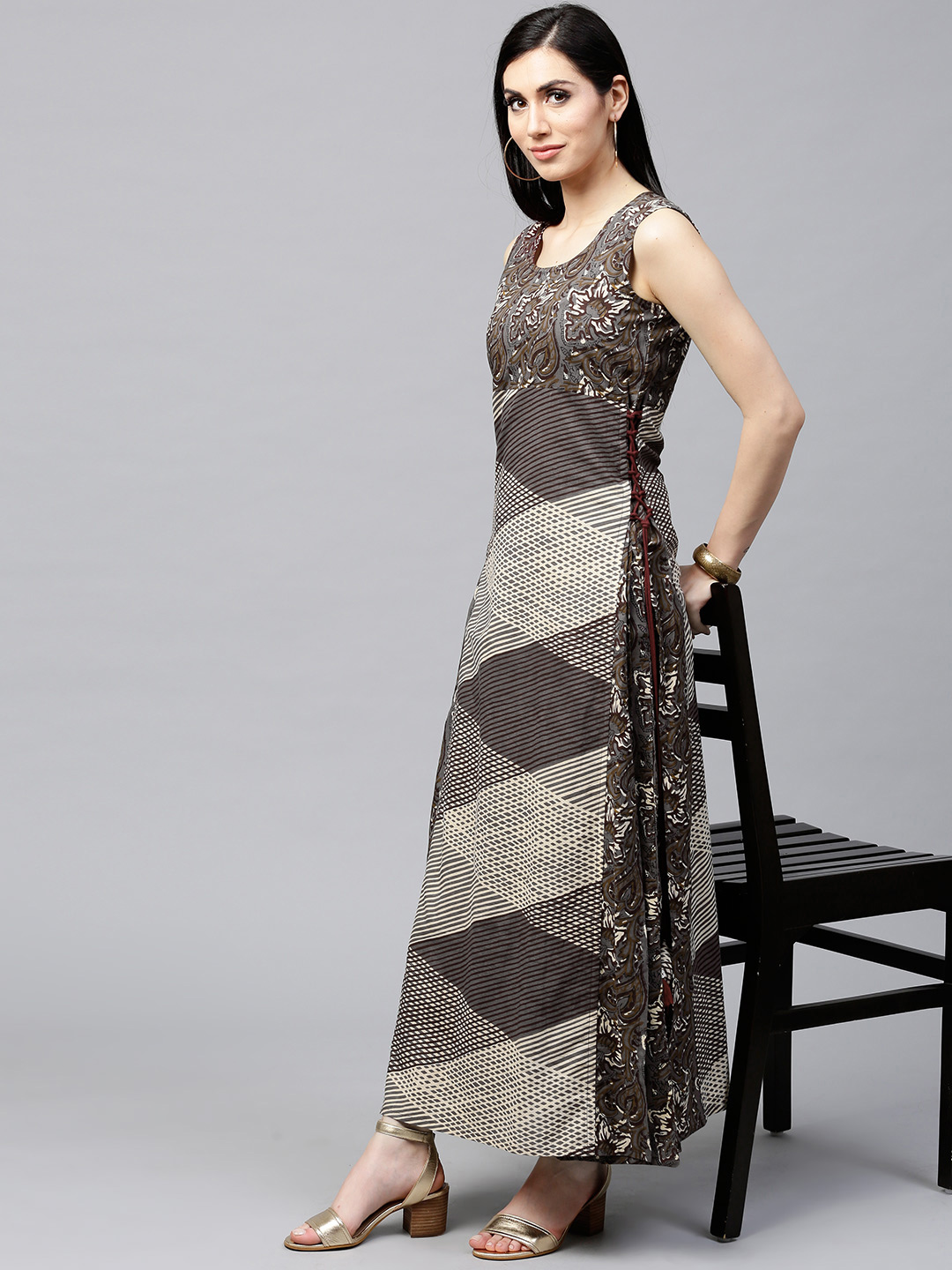 AKS Women Grey & Off-White Printed A-Line Kurta Price in India