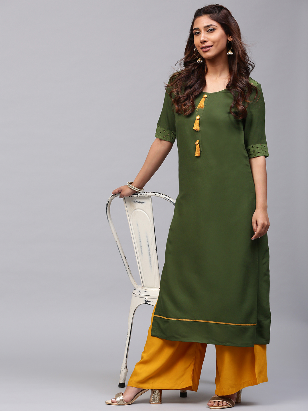 AKS Women Olive Green Solid Straight Kurta with Tassels Price in India