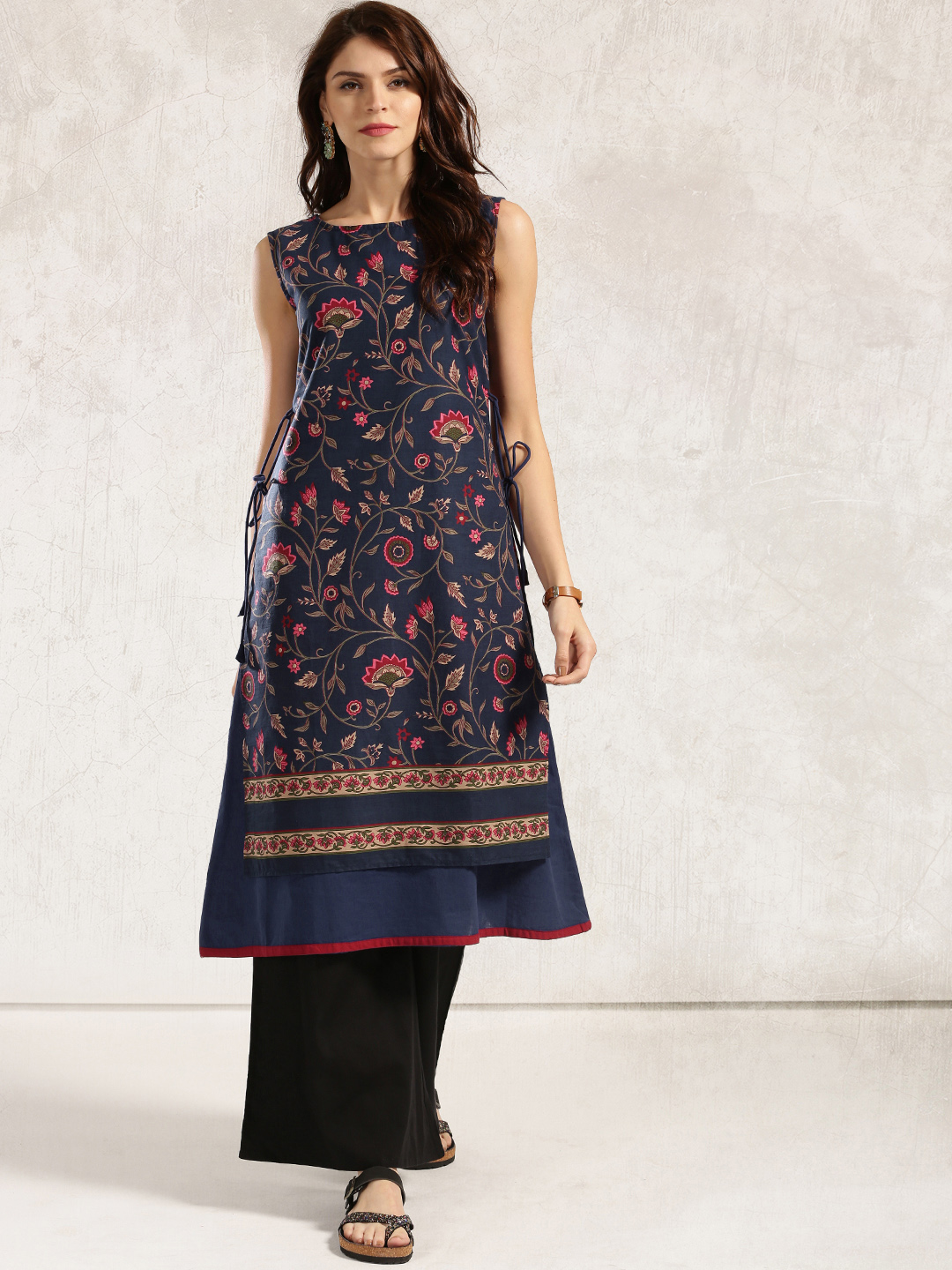 Anouk Women Navy Printed A-Line Layered Kurta Price in India