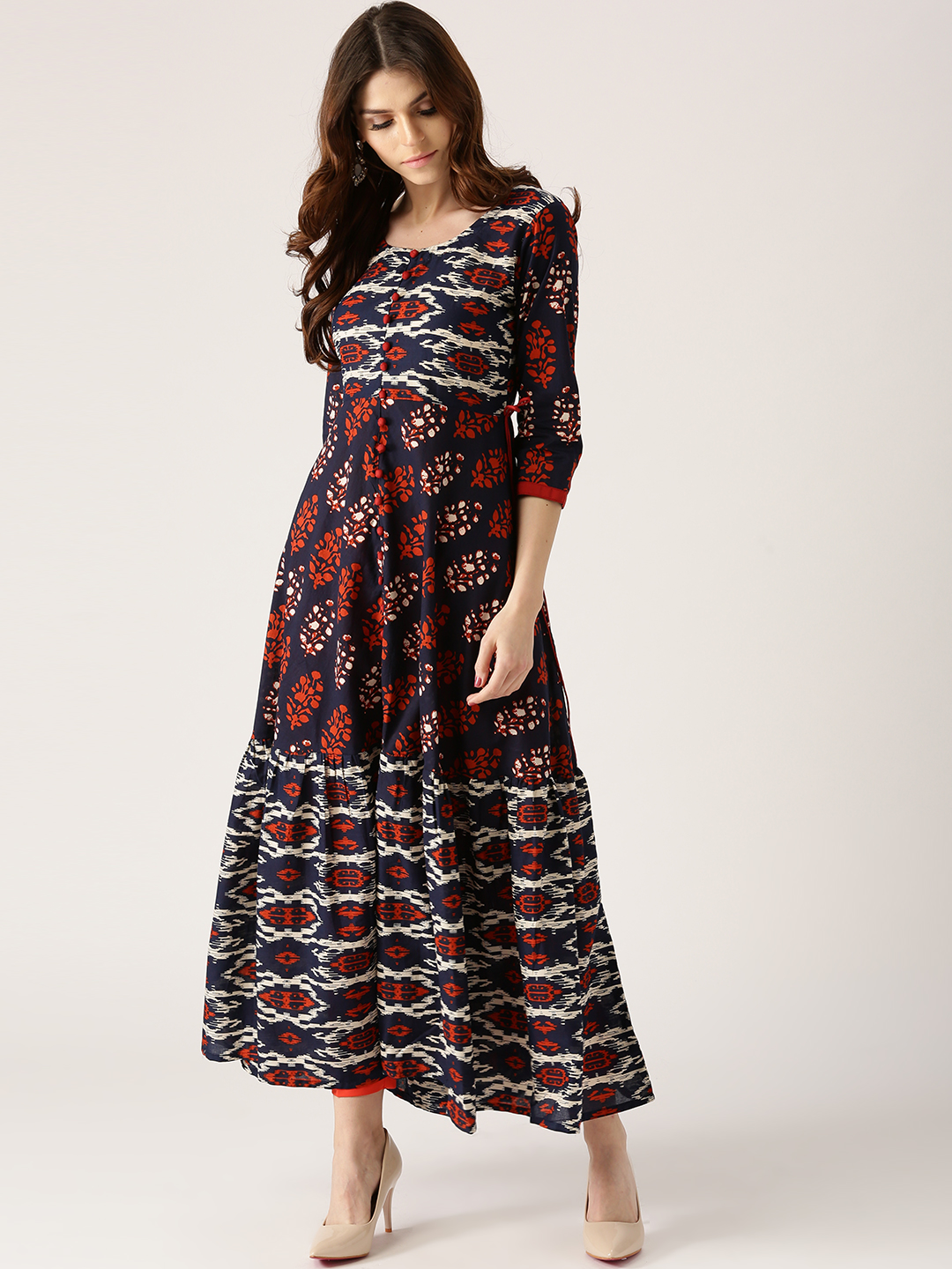 Libas Women Navy & Orange Printed Anarkali Kurta Price in India