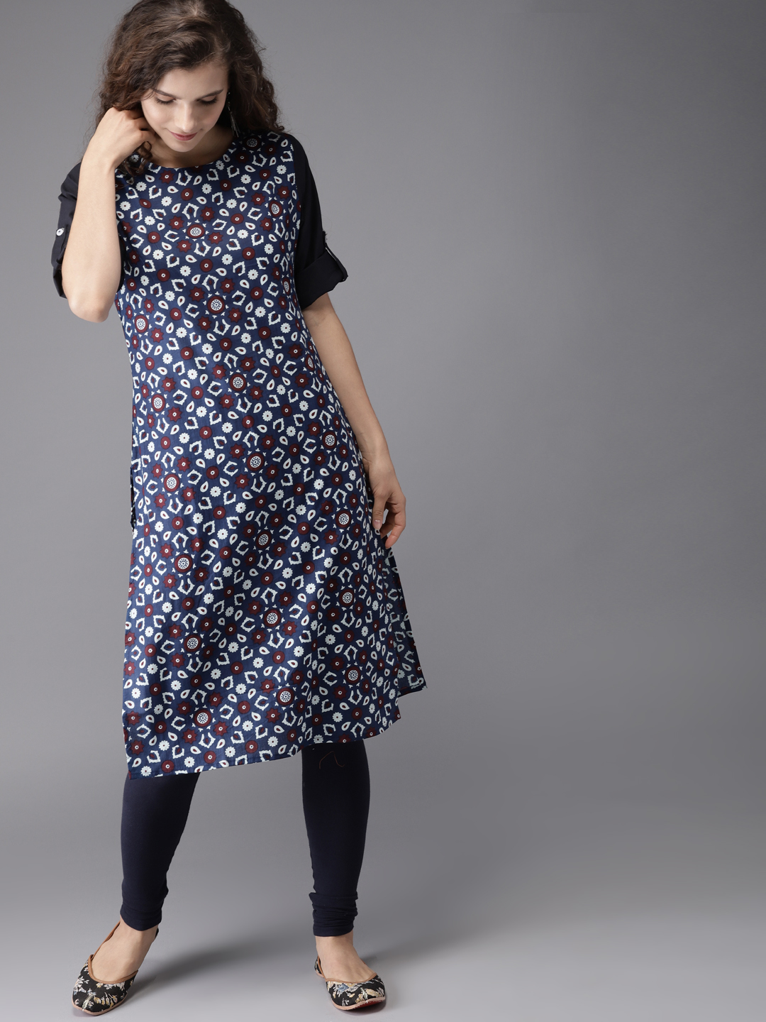 HERE&NOW Women Navy Blue Printed Straight Kurta Price in India