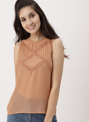 DressBerry Women Brown Self-Design Semi-Sheer Top Price in India