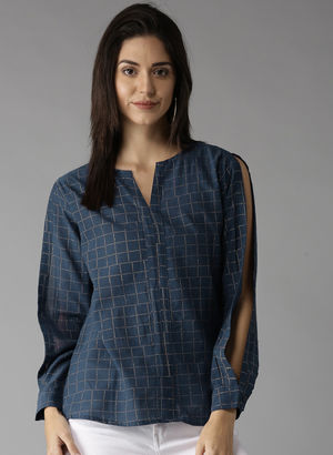 Navy Blue Checked Blouse Price in India