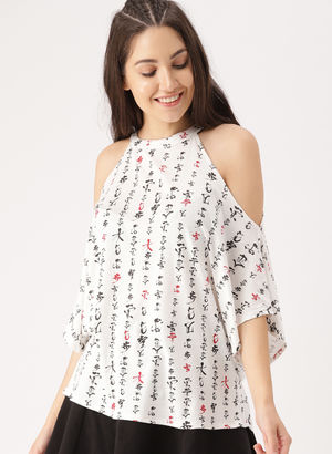 DressBerry Women White Printed Cold-shoulder Top Price in India