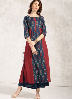 Anouk Women Navy & Maroon Printed A-Line Kurta with Side Lace-Ups Price in India