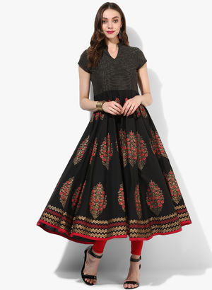 Mandarin Collar Short Sleeve Anarkali With Block Printing Price in India