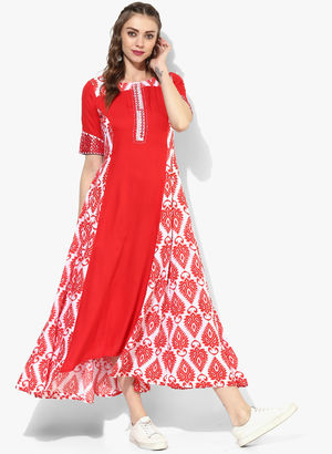 Round Neck Elbow Sleeves Printed Anarkali With Solid Panells And Mirror Detailing Price in India