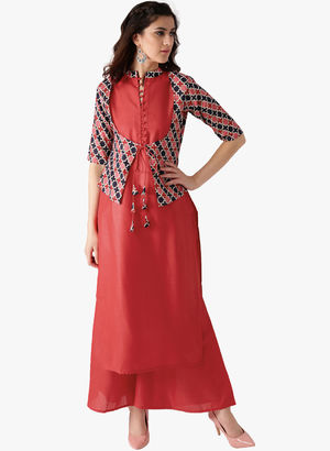 Red Printed Jacket Kurta Set Price in India