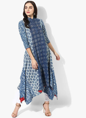 Band Collar Pure Indigo Anarkali With Ikkat Facing & 3/4Th Sleeves Price in India