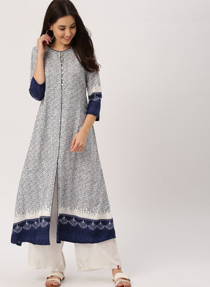 IMARA Women Off-White & Navy Blue Printed A-Line Kurta Price in India