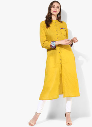 Band Collar 3/4Th Sleeves Front Placket Kurta With Pocket And Printeddetailing Price in India