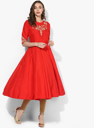 Round Neck Short Sleeves Box Pleated Anarkali With Embroidery At Front Neckline Price in India