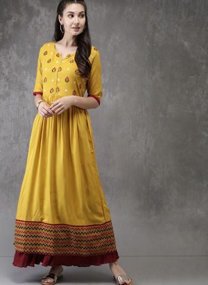 Anouk Women Mustard Woven Design A-Line Kurta Price in India