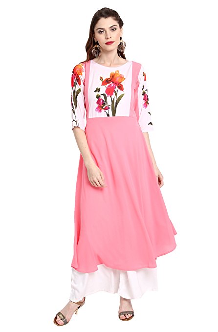 Janasya Women's Pink Crepe A-Line Floral Print Kurta Price in India