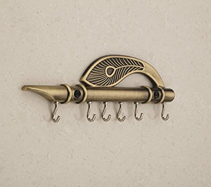 JaipurCrafts Lord Krishna'S Flute & Peacock Quills Key Stand Key Holder For Home & Office| Antique Brass Key Holder (18.5 X 6 CM, zinc) Price in India