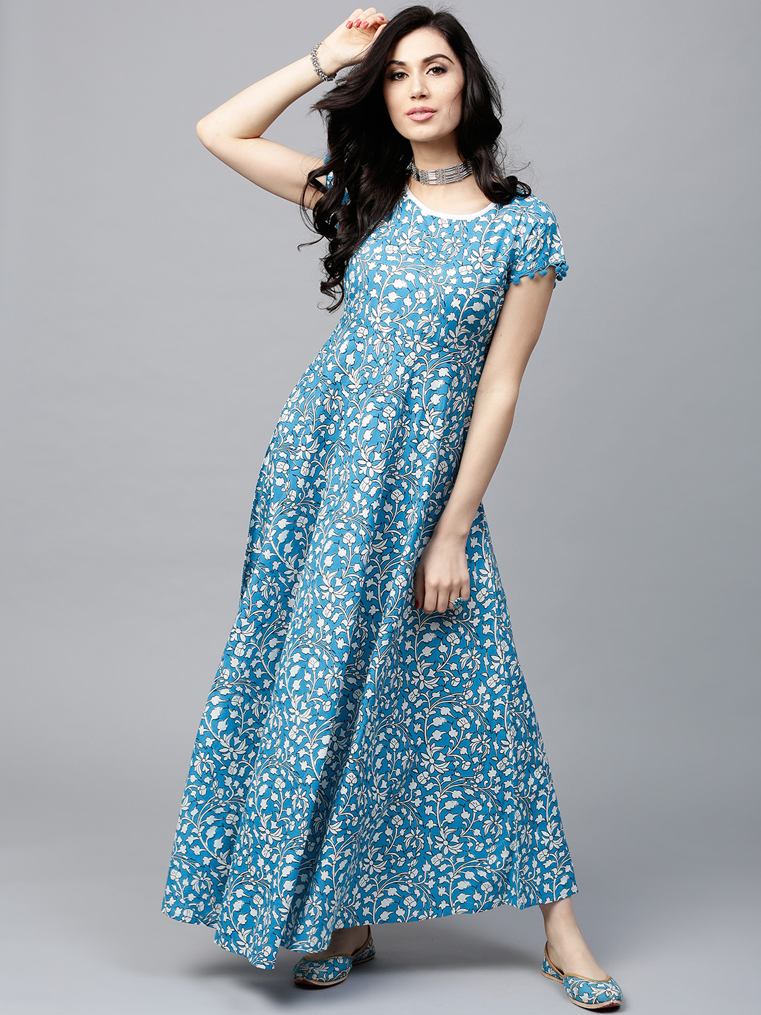 AKS Women Blue & White Printed Maxi Dress Price in India