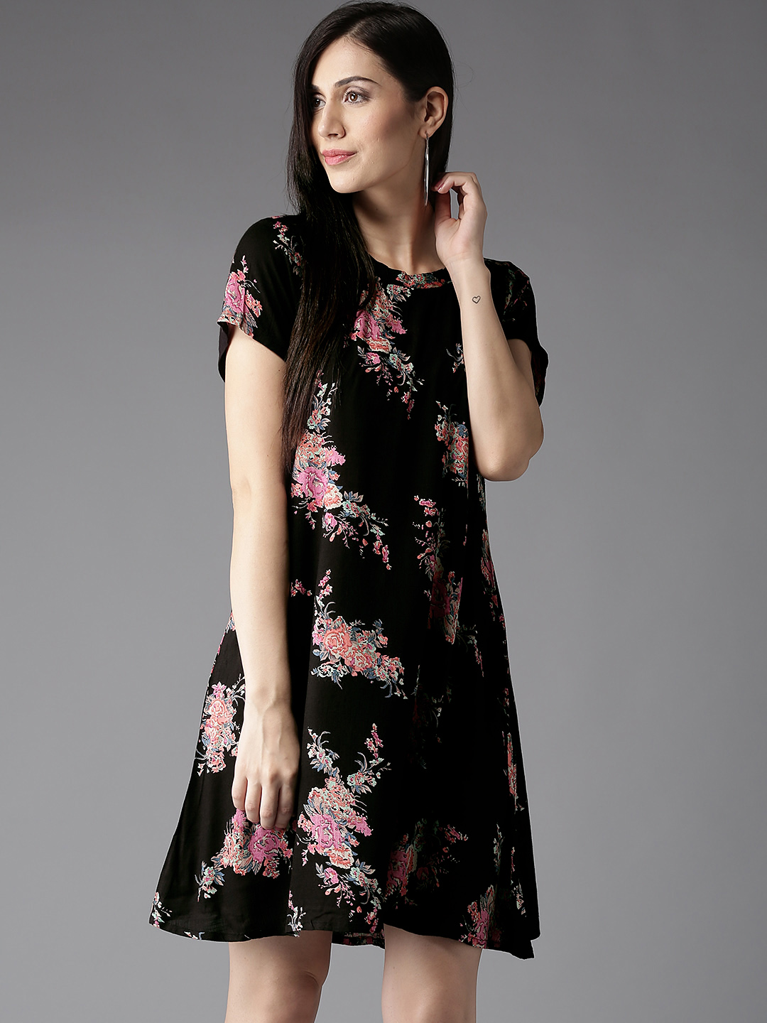 HERE&NOW Women Black Lightweight Floral Print A-Line Dress Price in India