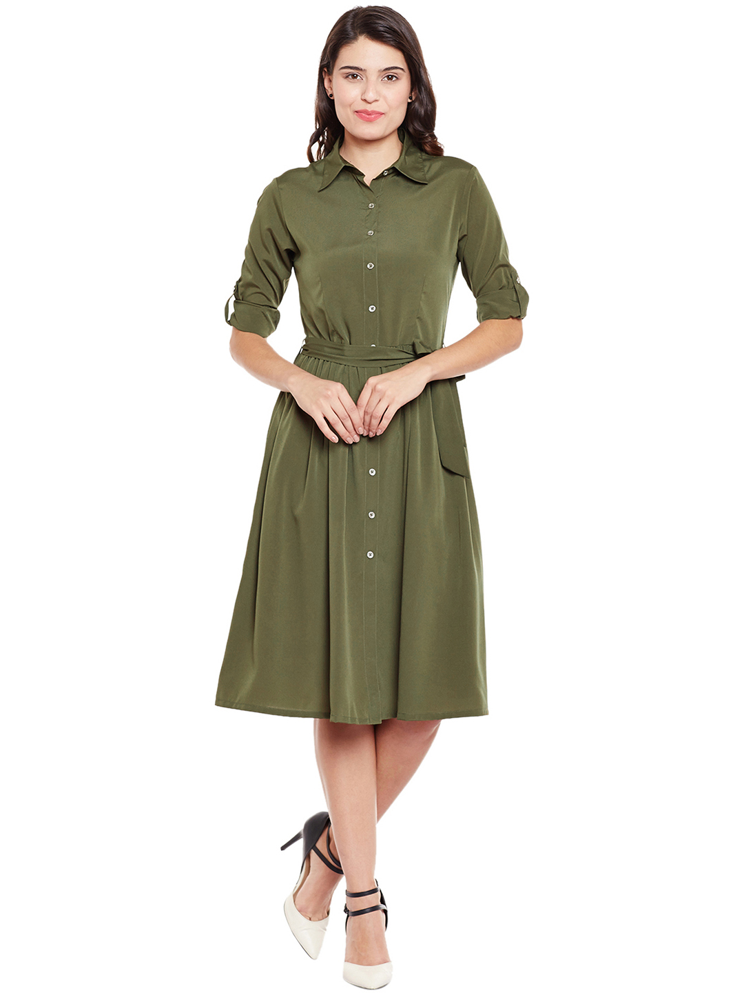 WISSTLER Women Olive Green Solid Shirt Dress Price in India