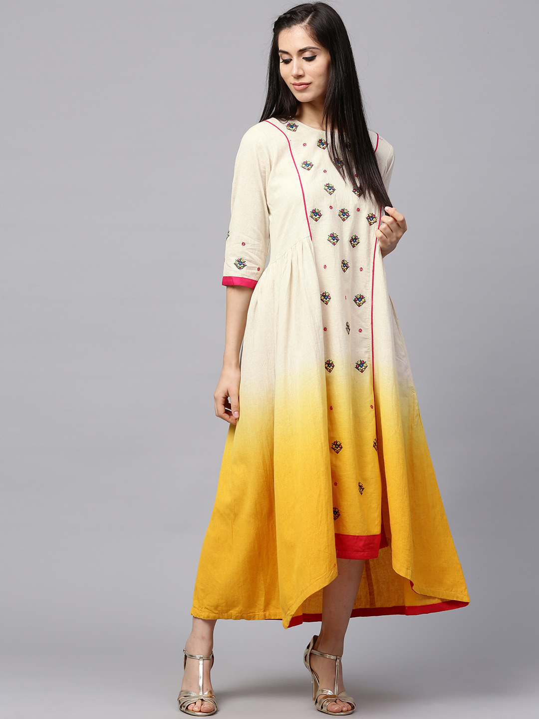 Shree Women Off-White & Yellow Dyed Maxi Dress Price in India