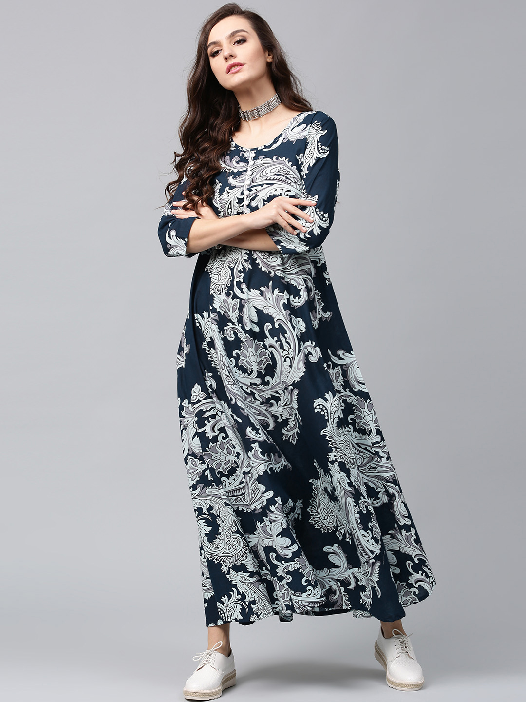 AKS Women Navy & Off-White Lightweight Printed Maxi Dress Price in India