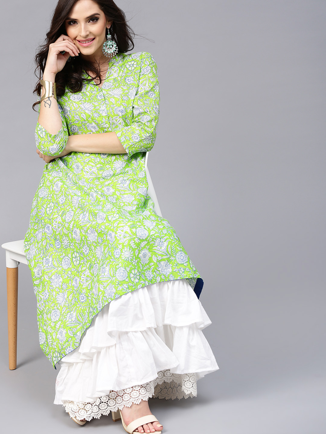 AKS Women Green & White Printed Layered Maxi Dress Price in India