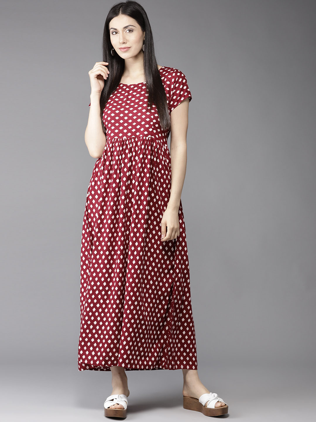 HERE&NOW Women Maroon & White Printed Maxi Dress Price in India
