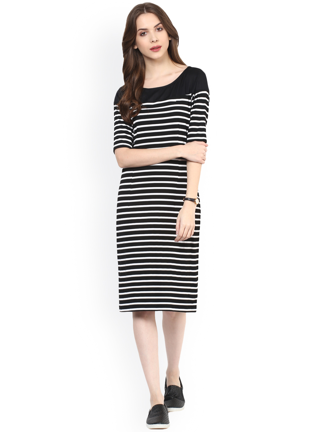 Zima Leto Women Black & White Striped Sheath Dress Price in India