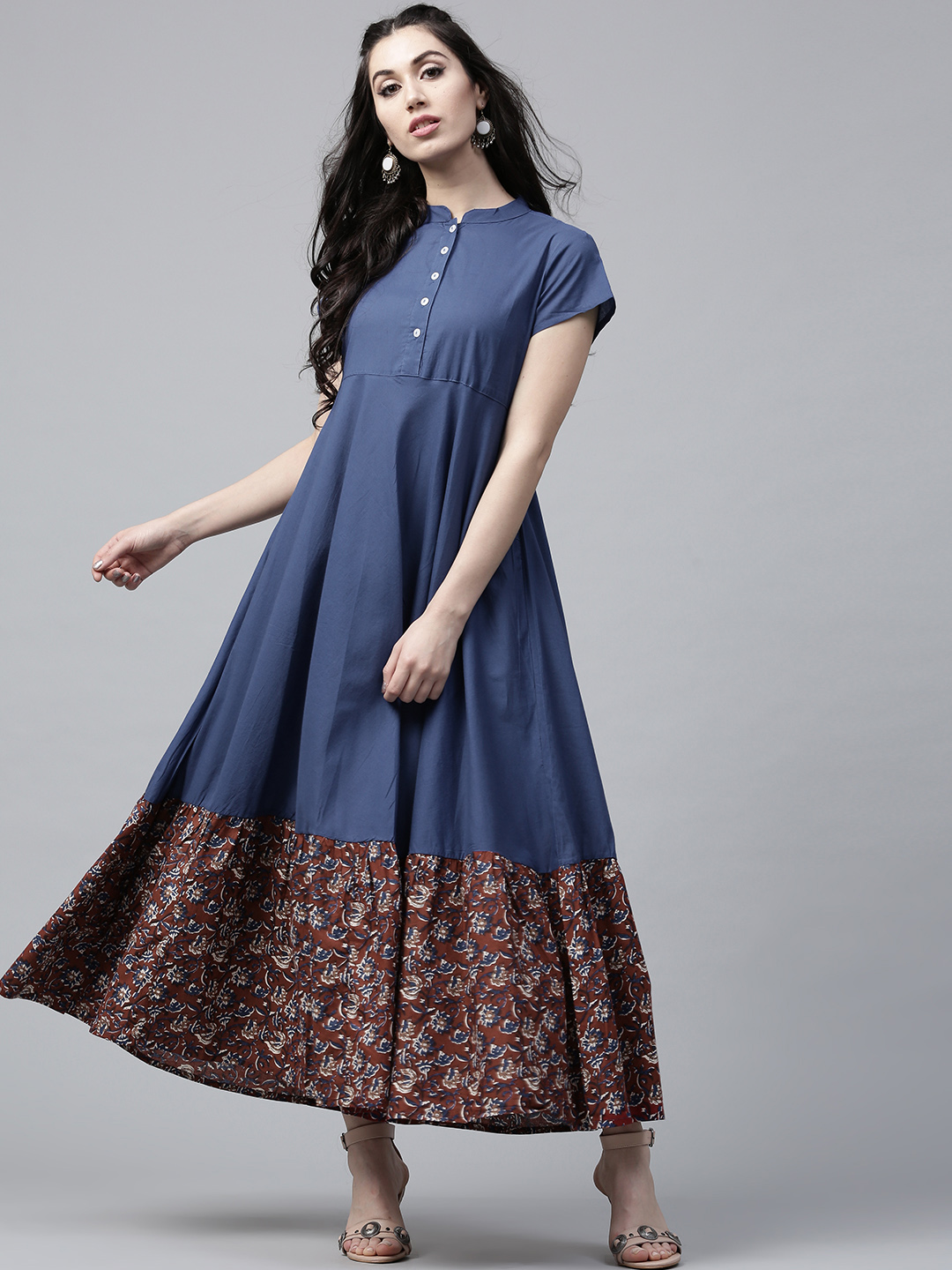 AKS Women Navy & Maroon Printed Maxi Dress Price in India